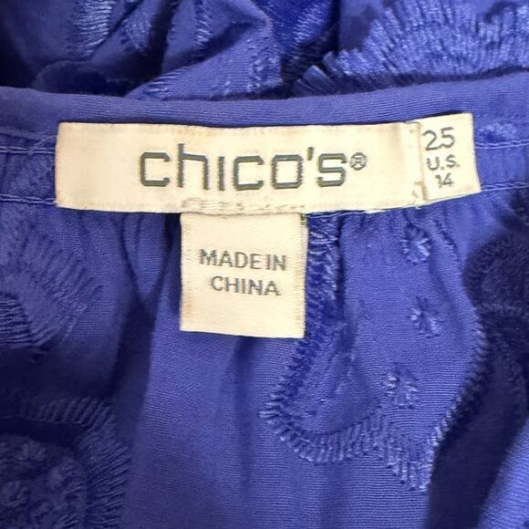 Chicos Womens 2.5 XL Cobalt Blue Embroidered Puff Sleeve Button Front Cotton Top - Picture 5 of 6